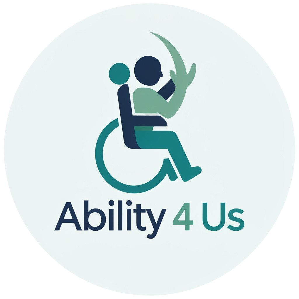 Ability 4 Us — figure standing beside wheelchair, reaching upward